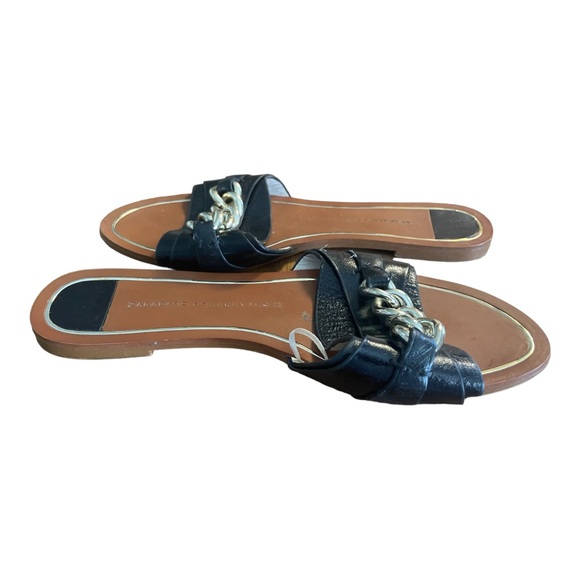 Zara basic black leather slide flat sandals with a gold chain design size 5 - Picture 4 of 11